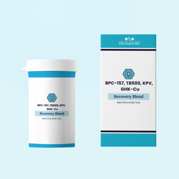 Recovery Peptide Blend (BPC 157 - TB500 - KPV - GHK-Cu) - Bottle & Box Graphic (600x600) - Roswell and Canton GA - North Atlanta - Peptide Therapy